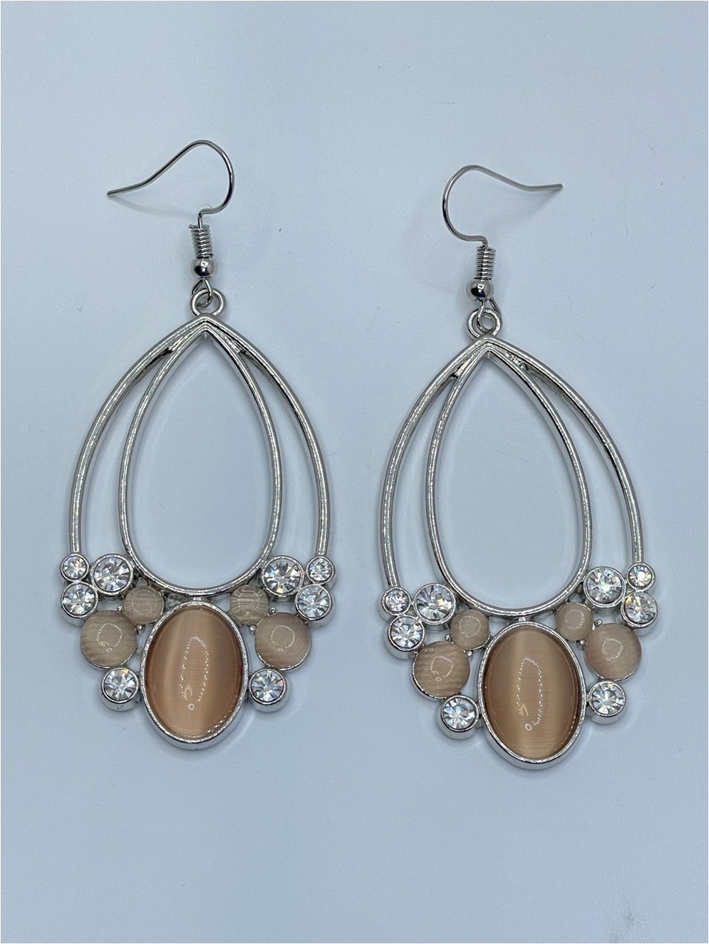 Silver Tone Cat Eye Crystal Teardrop Dangle Earrings Statement